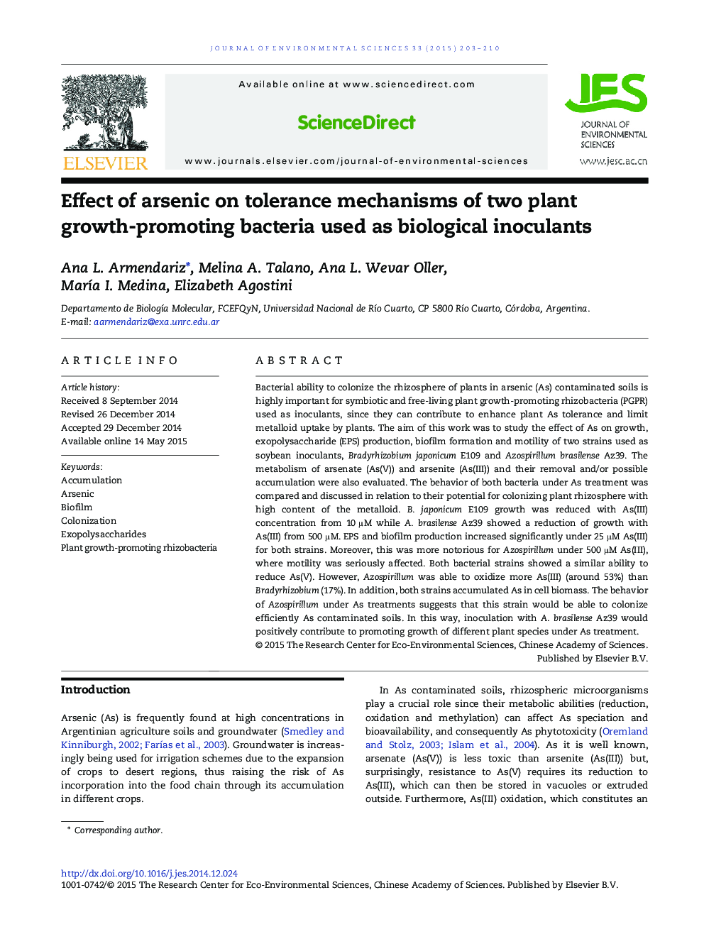 Effect of arsenic on tolerance mechanisms of two plant growth-promoting bacteria used as biological inoculants