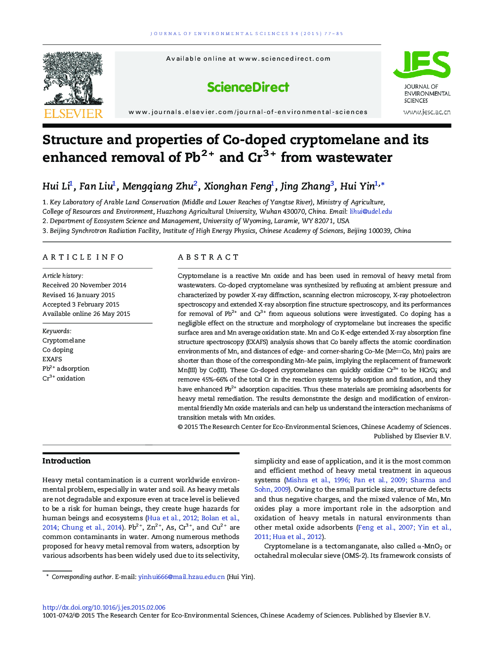 Structure and properties of Co-doped cryptomelane and its enhanced removal of Pb2 + and Cr3 + from wastewater