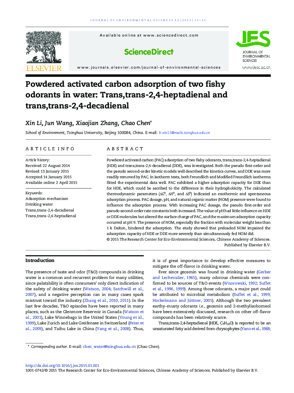 Powdered activated carbon adsorption of two fishy odorants in water: Trans,trans-2,4-heptadienal and trans,trans-2,4-decadienal