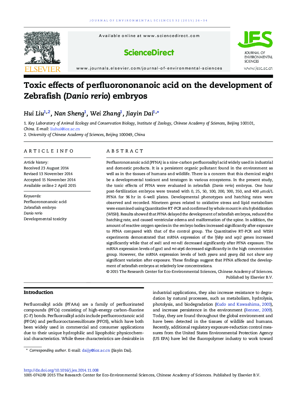 Toxic effects of perfluorononanoic acid on the development of Zebrafish (Danio rerio) embryos