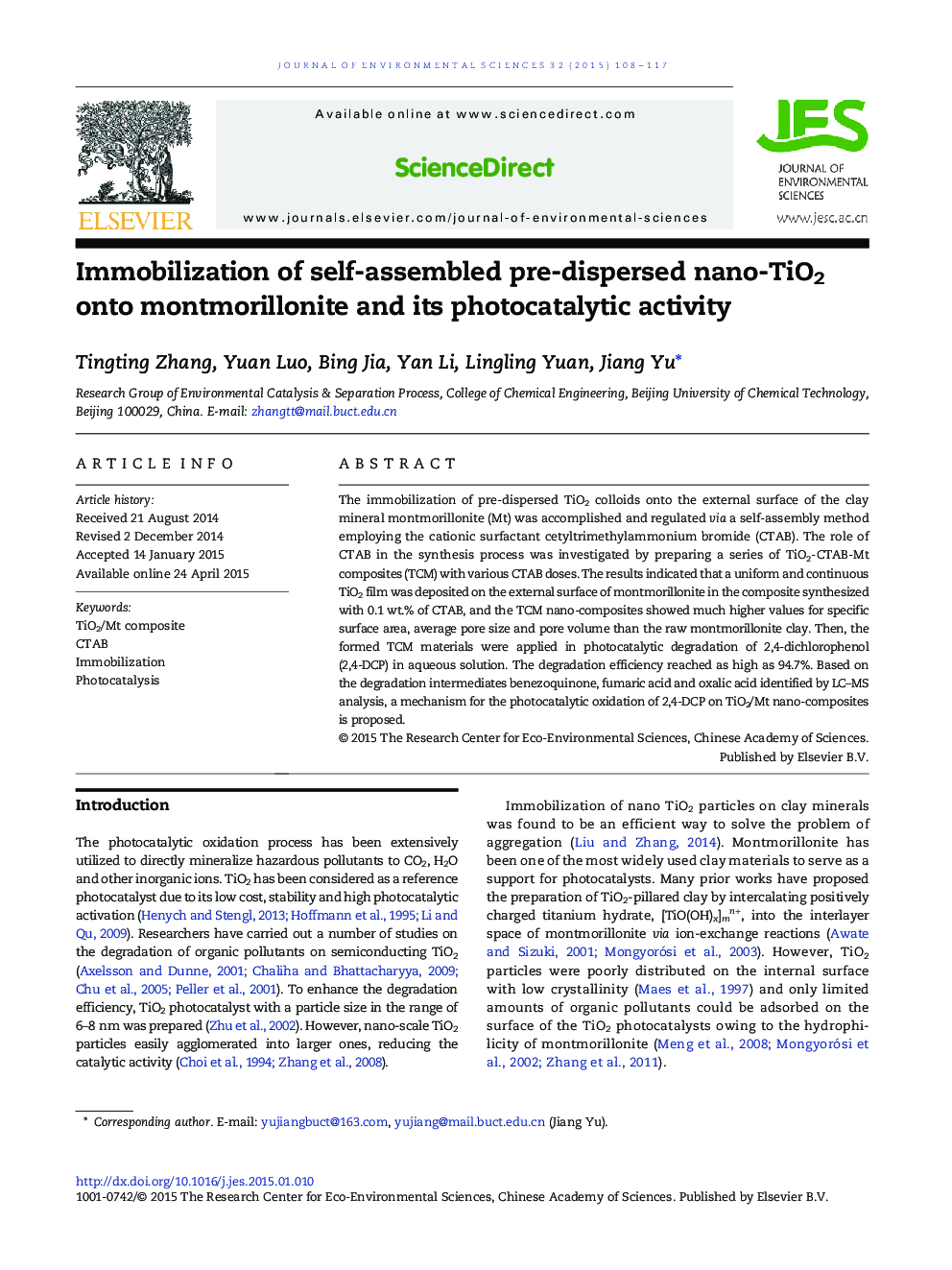 Immobilization of self-assembled pre-dispersed nano-TiO2 onto montmorillonite and its photocatalytic activity