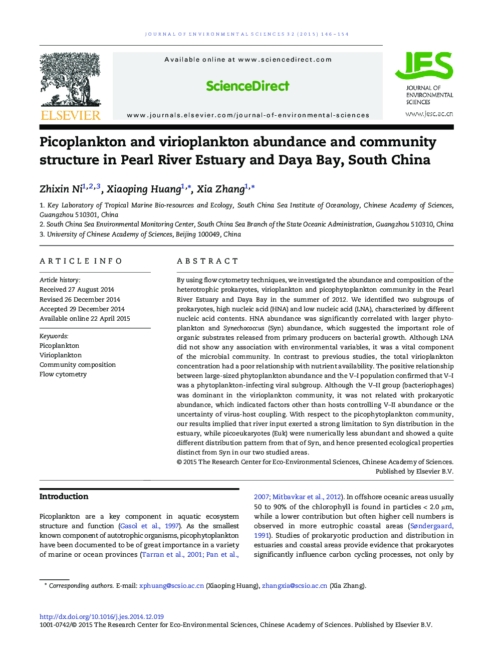 Picoplankton and virioplankton abundance and community structure in Pearl River Estuary and Daya Bay, South China