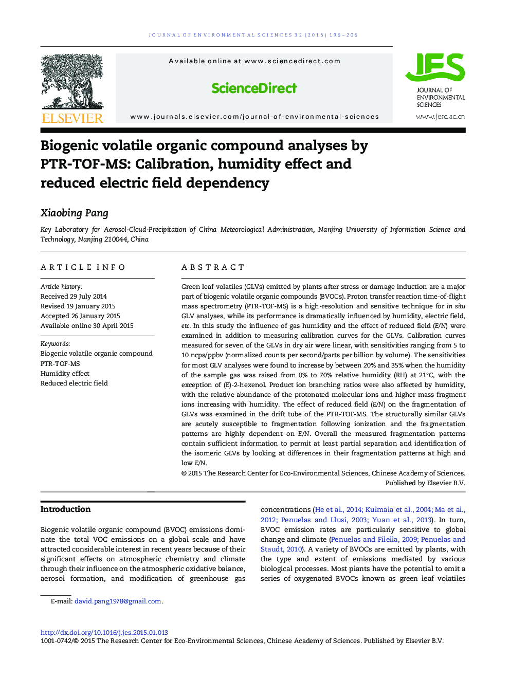 Biogenic volatile organic compound analyses by PTR-TOF-MS: Calibration, humidity effect and reduced electric field dependency