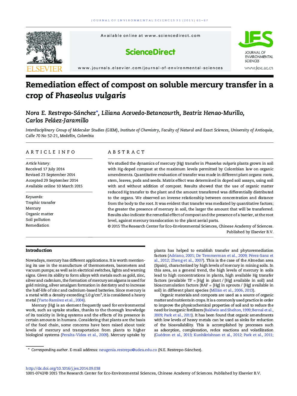 Remediation effect of compost on soluble mercury transfer in a crop of Phaseolus vulgaris