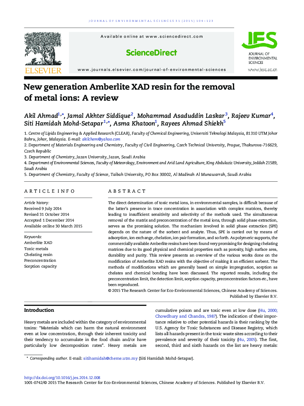 New generation Amberlite XAD resin for the removal of metal ions: A review