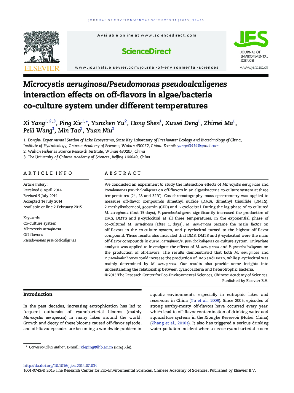 Microcystis aeruginosa/Pseudomonas pseudoalcaligenes interaction effects on off-flavors in algae/bacteria co-culture system under different temperatures