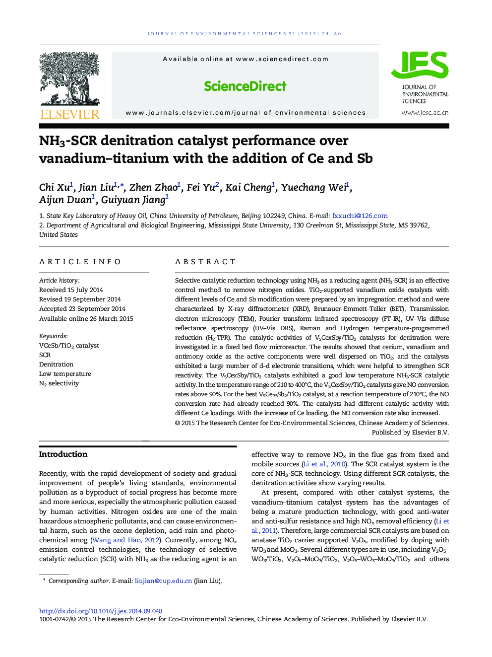 NH3-SCR denitration catalyst performance over vanadium–titanium with the addition of Ce and Sb