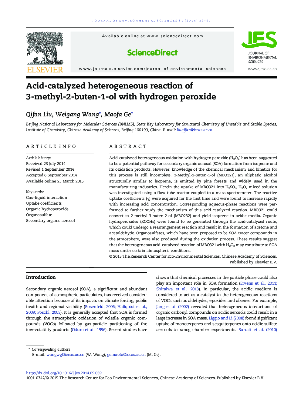 Acid-catalyzed heterogeneous reaction of 3-methyl-2-buten-1-ol with hydrogen peroxide