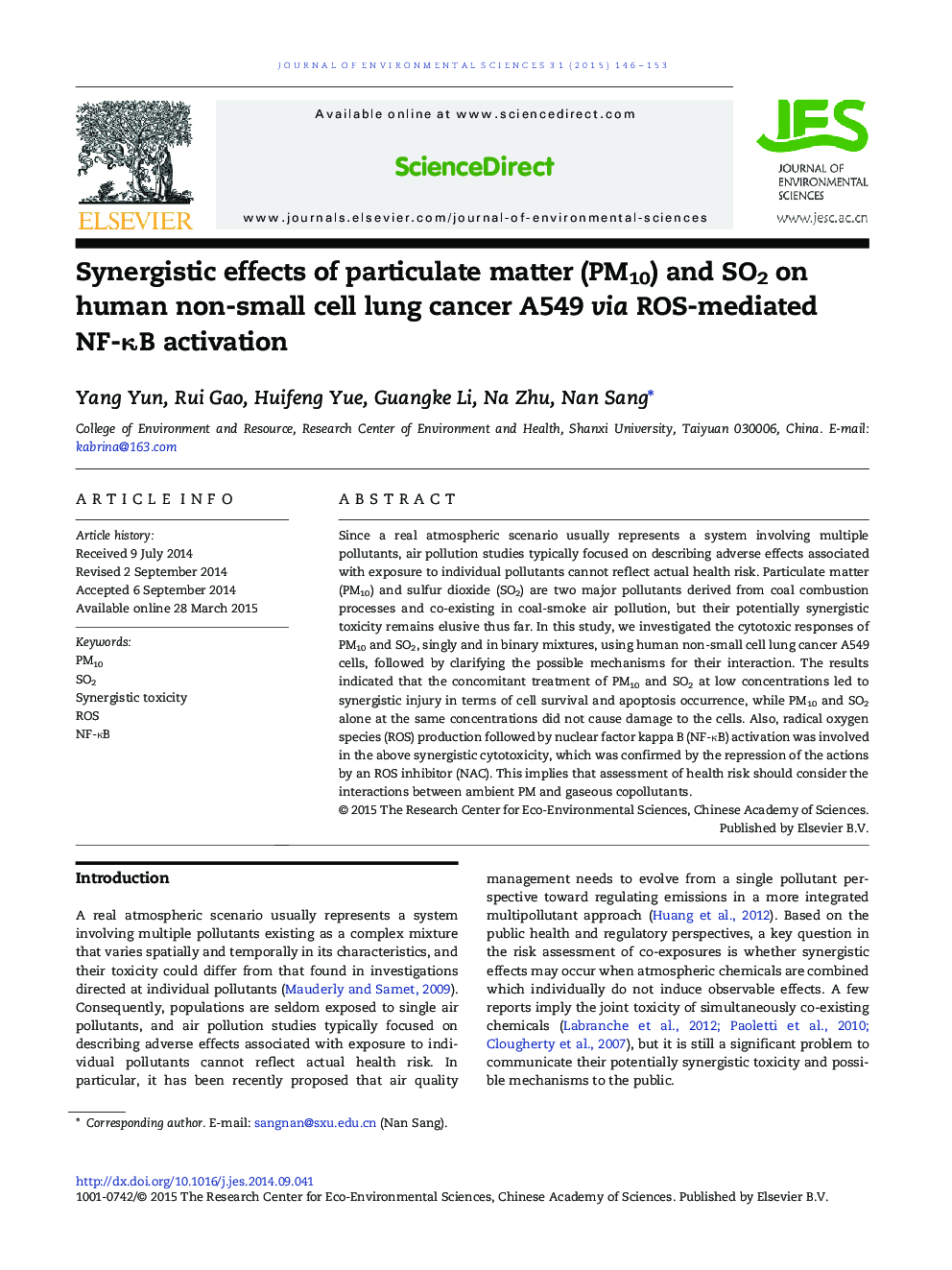 Synergistic effects of particulate matter (PM10) and SO2 on human non-small cell lung cancer A549 via ROS-mediated NF-κB activation