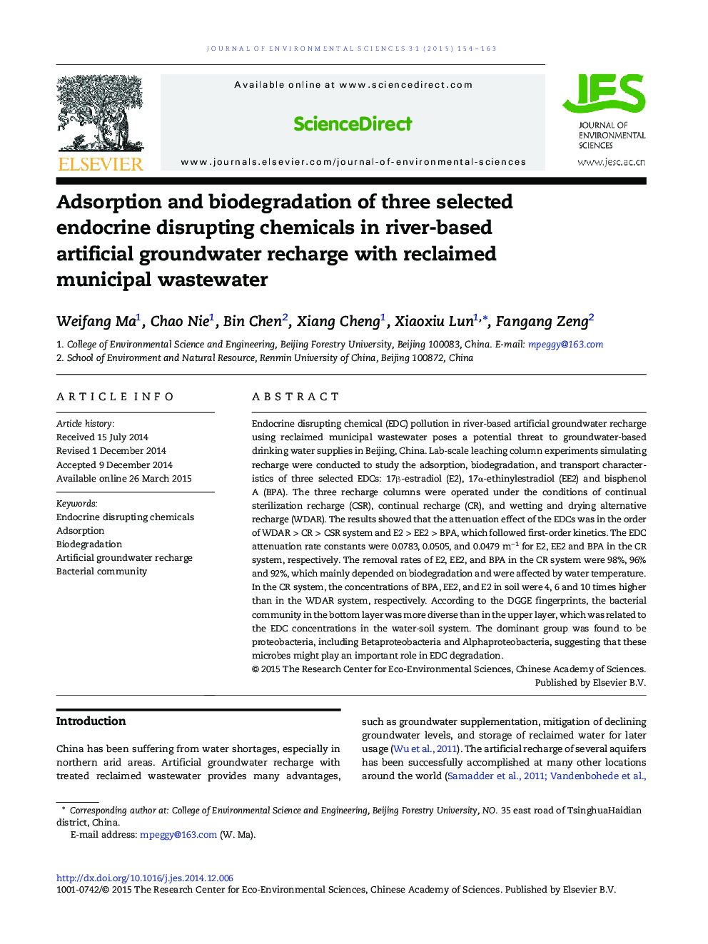 Adsorption and biodegradation of three selected endocrine disrupting chemicals in river-based artificial groundwater recharge with reclaimed municipal wastewater