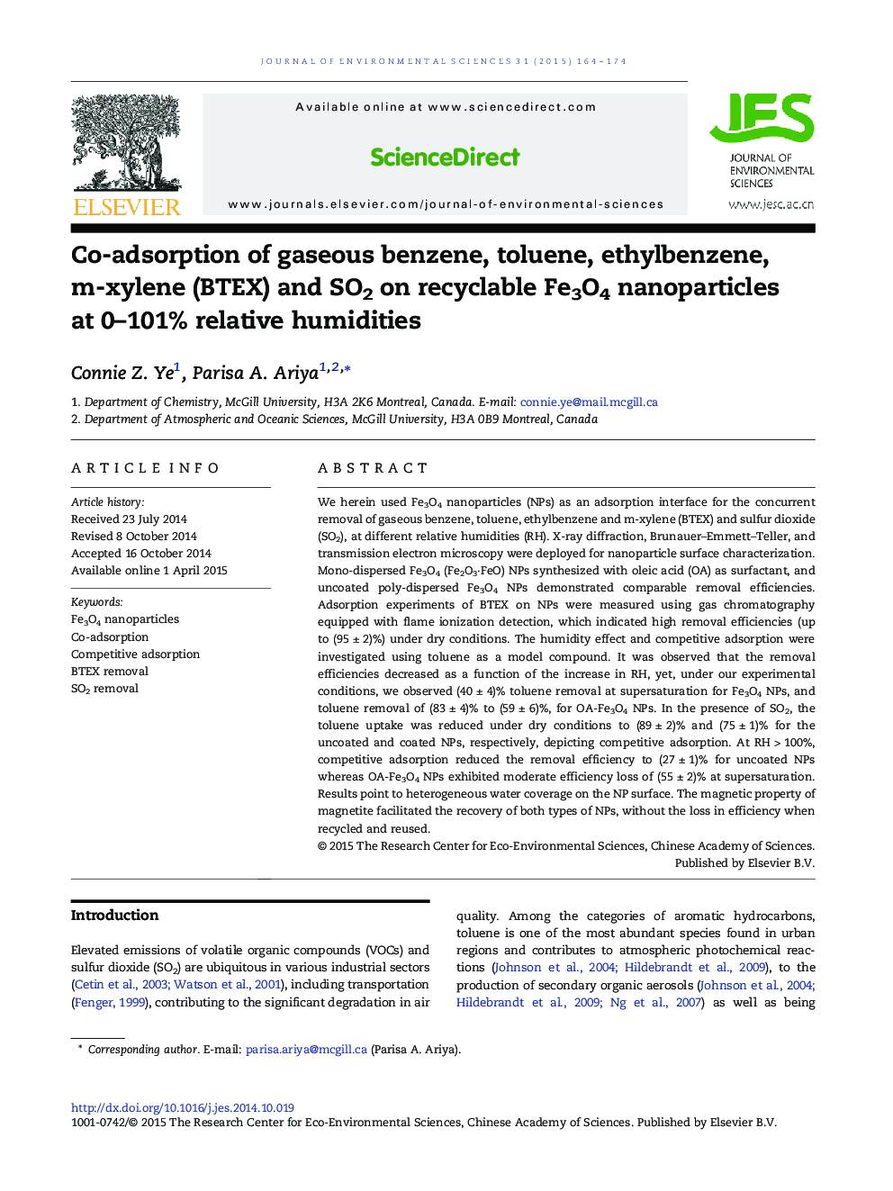 Co-adsorption of gaseous benzene, toluene, ethylbenzene, m-xylene (BTEX) and SO2 on recyclable Fe3O4 nanoparticles at 0–101% relative humidities