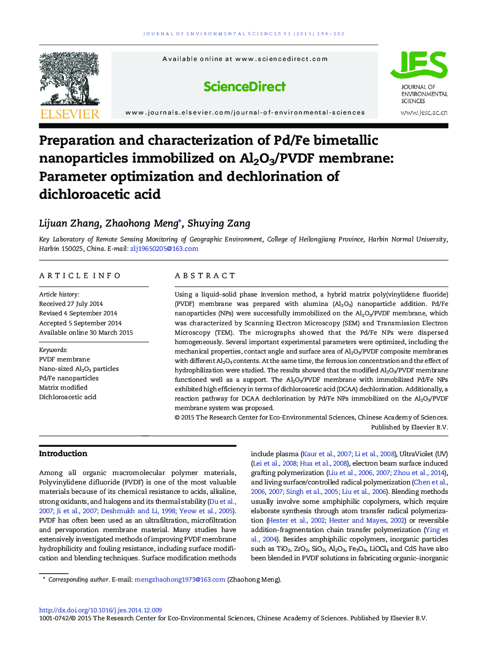 Preparation and characterization of Pd/Fe bimetallic nanoparticles immobilized on Al2O3/PVDF membrane: Parameter optimization and dechlorination of dichloroacetic acid