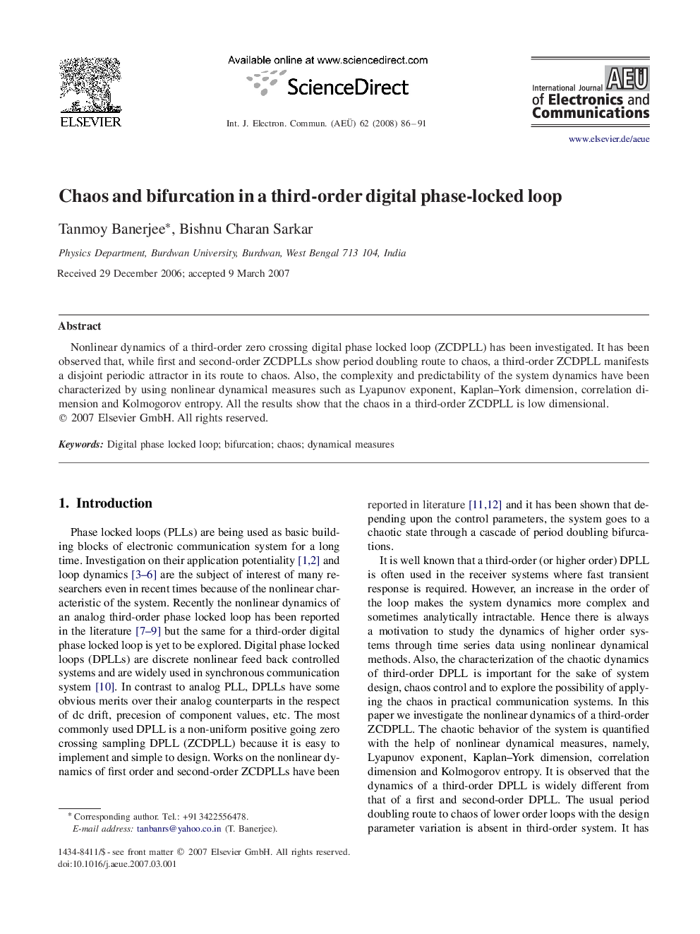 Chaos and bifurcation in a third-order digital phase-locked loop