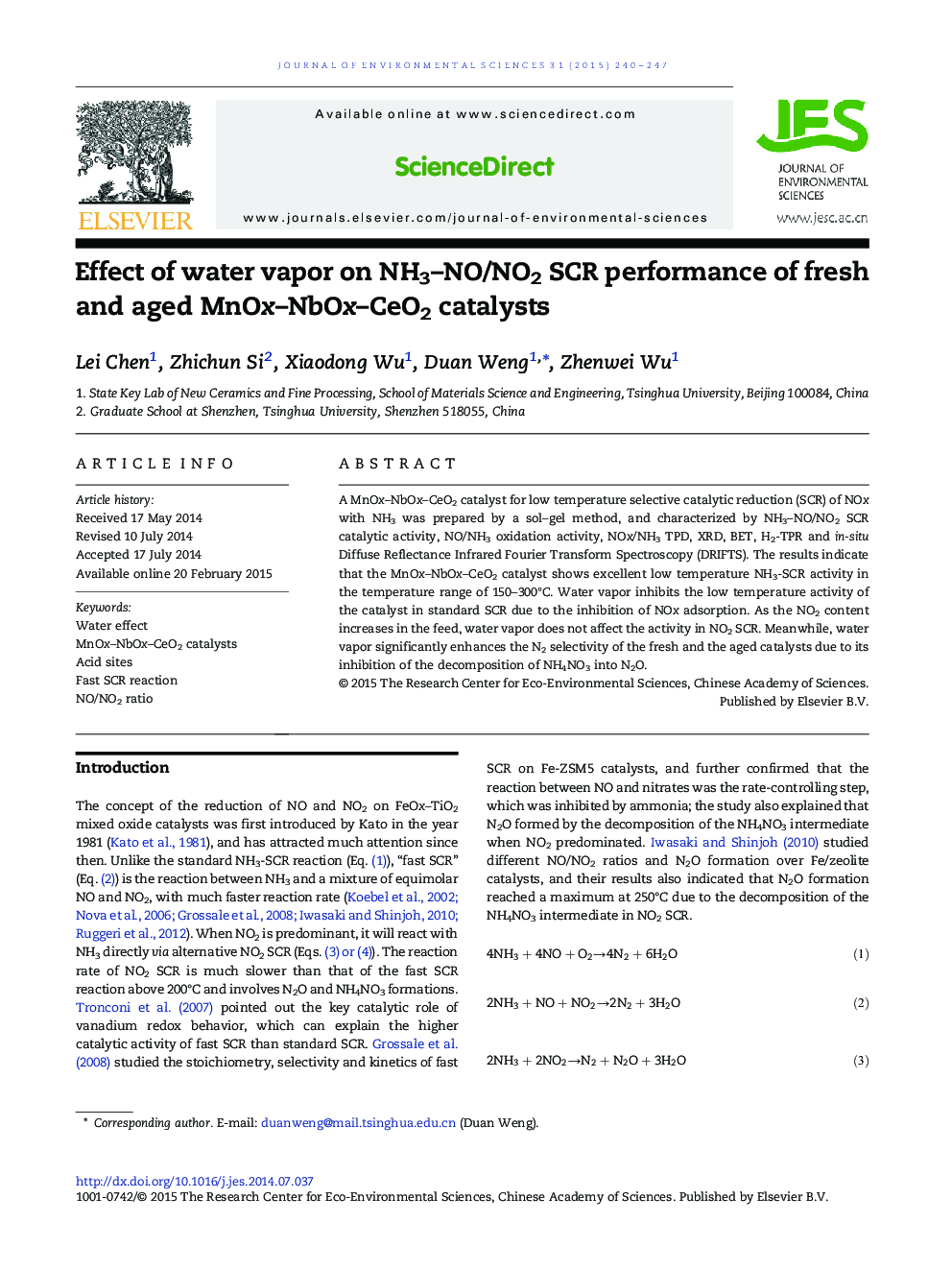 Effect of water vapor on NH3–NO/NO2 SCR performance of fresh and aged MnOx–NbOx–CeO2 catalysts