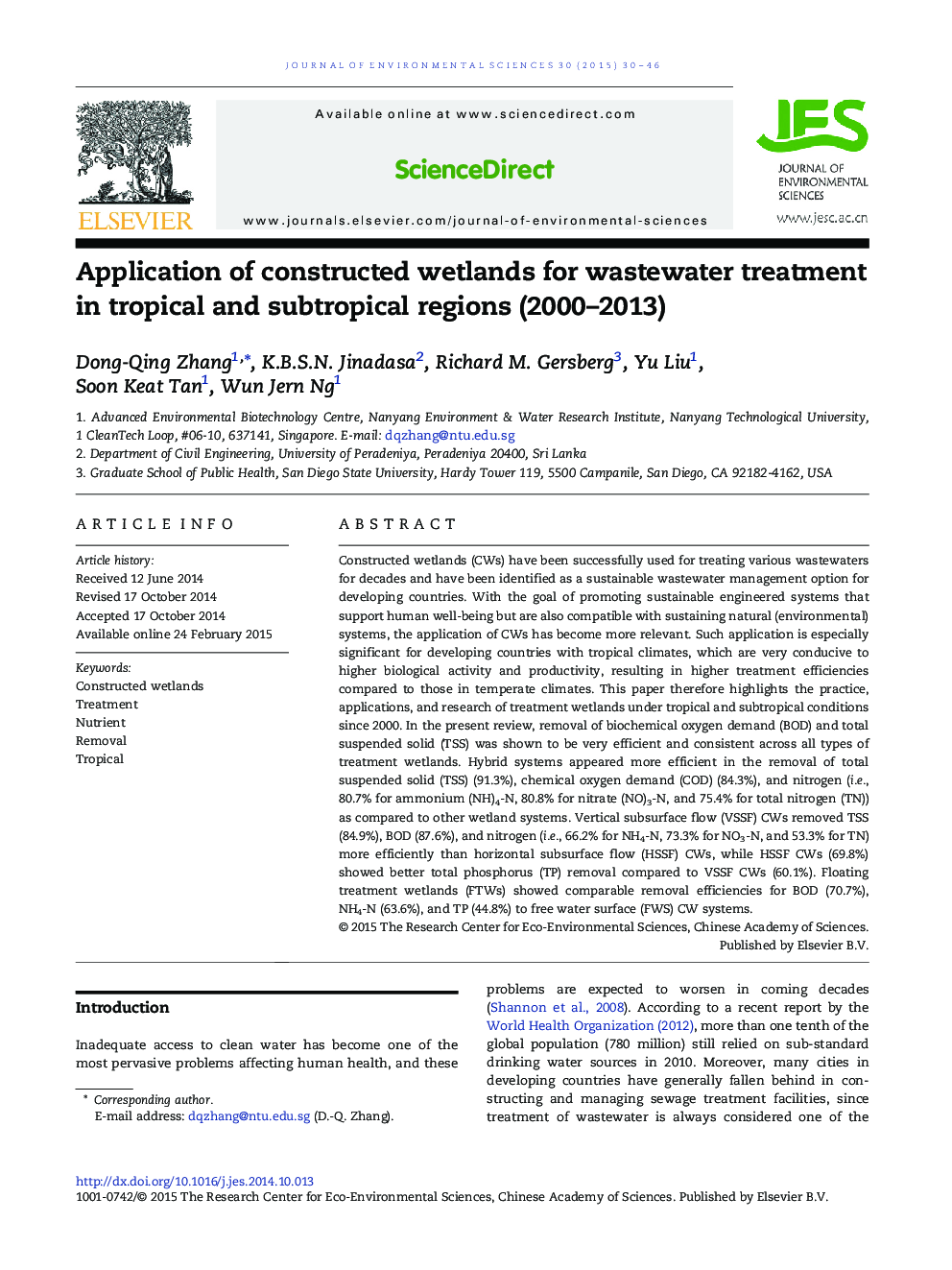 Application of constructed wetlands for wastewater treatment in tropical and subtropical regions (2000–2013)