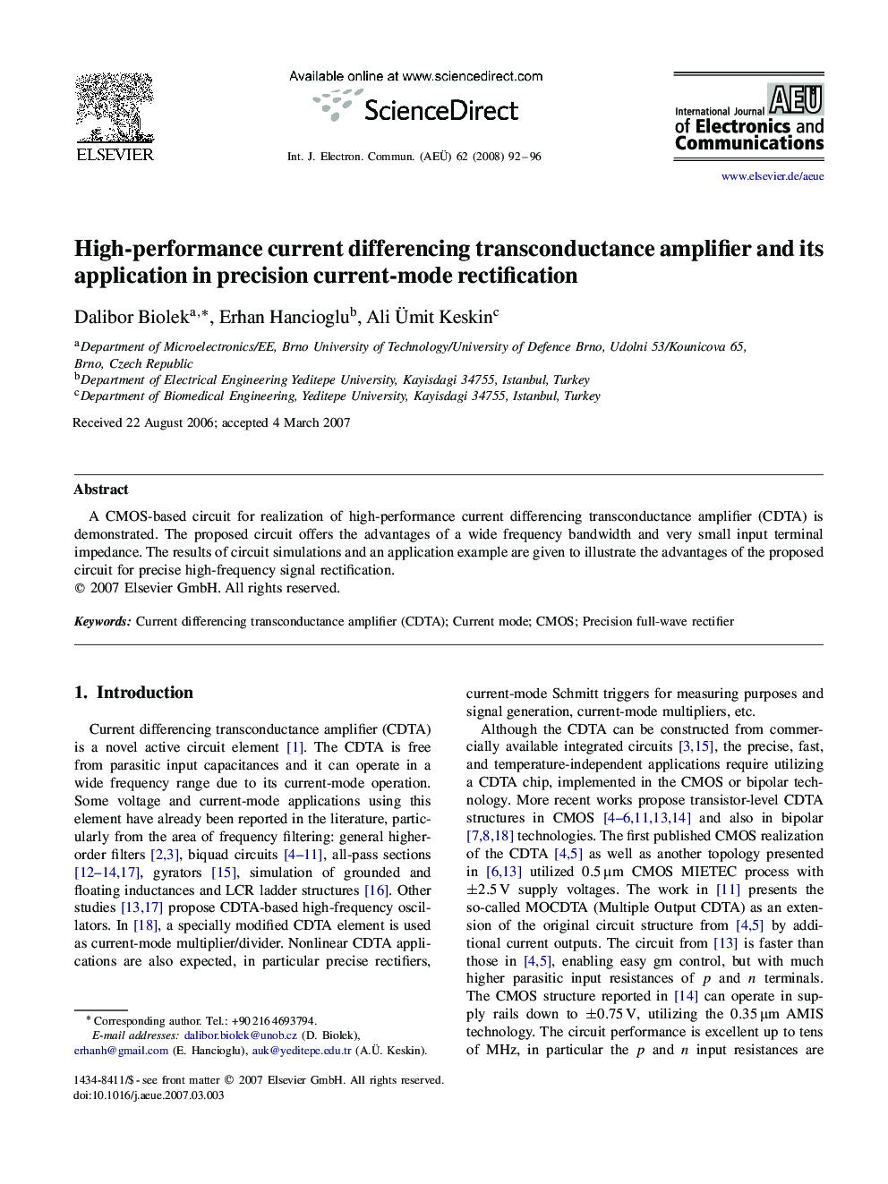 High-performance current differencing transconductance amplifier and its application in precision current-mode rectification