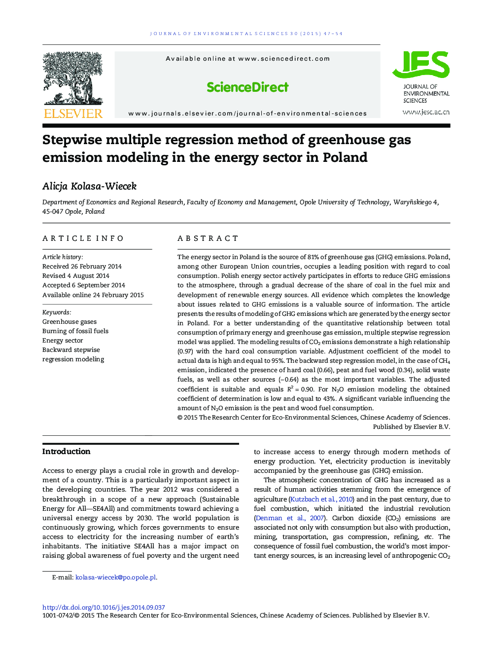 Stepwise multiple regression method of greenhouse gas emission modeling in the energy sector in Poland