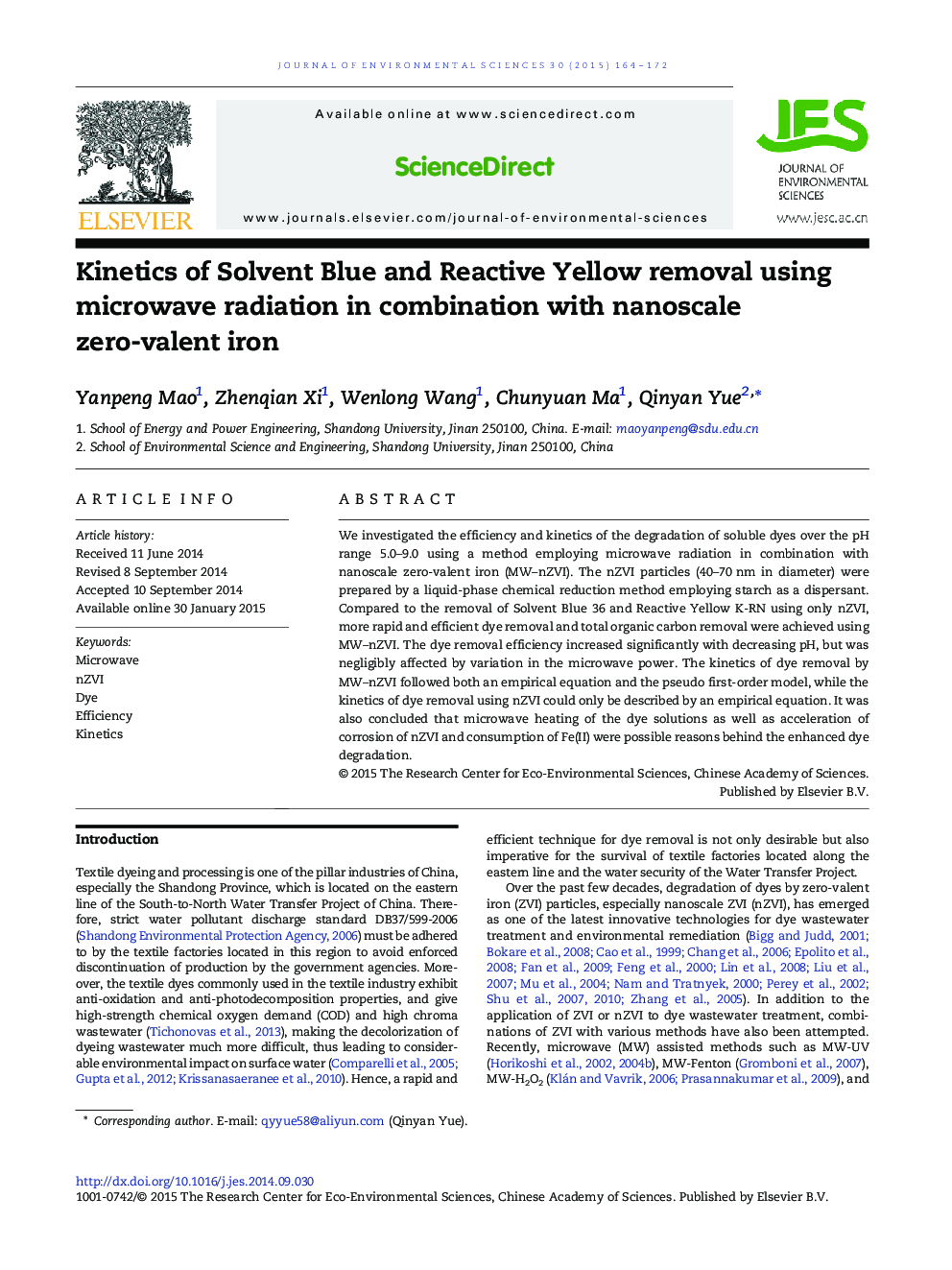 Kinetics of Solvent Blue and Reactive Yellow removal using microwave radiation in combination with nanoscale zero-valent iron
