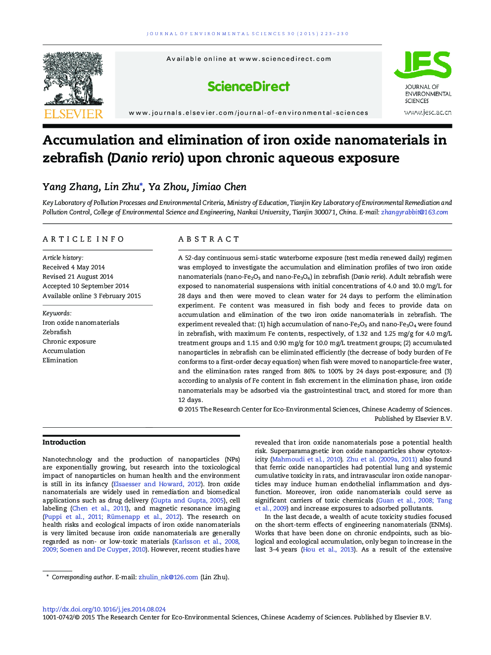 Accumulation and elimination of iron oxide nanomaterials in zebrafish (Danio rerio) upon chronic aqueous exposure