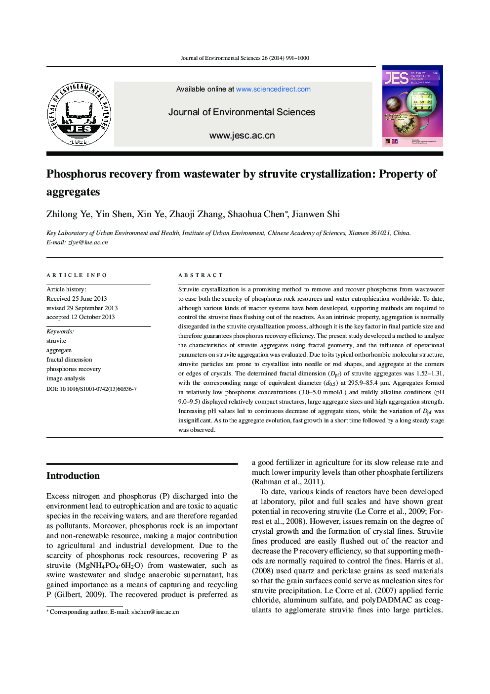 Phosphorus recovery from wastewater by struvite crystallization: Property of aggregates