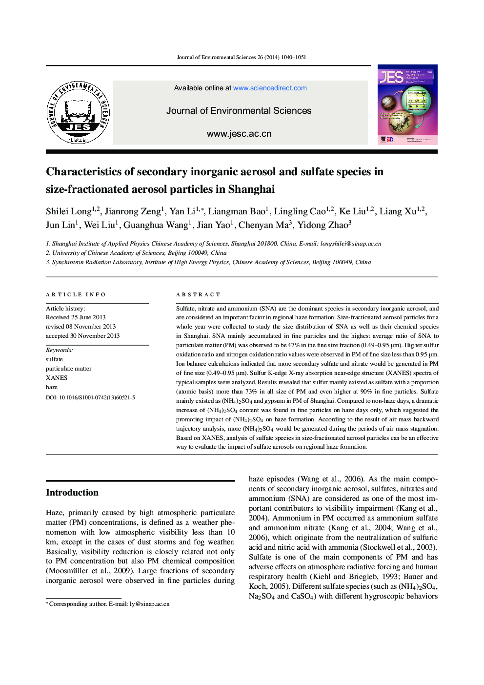Characteristics of secondary inorganic aerosol and sulfate species in size-fractionated aerosol particles in Shanghai