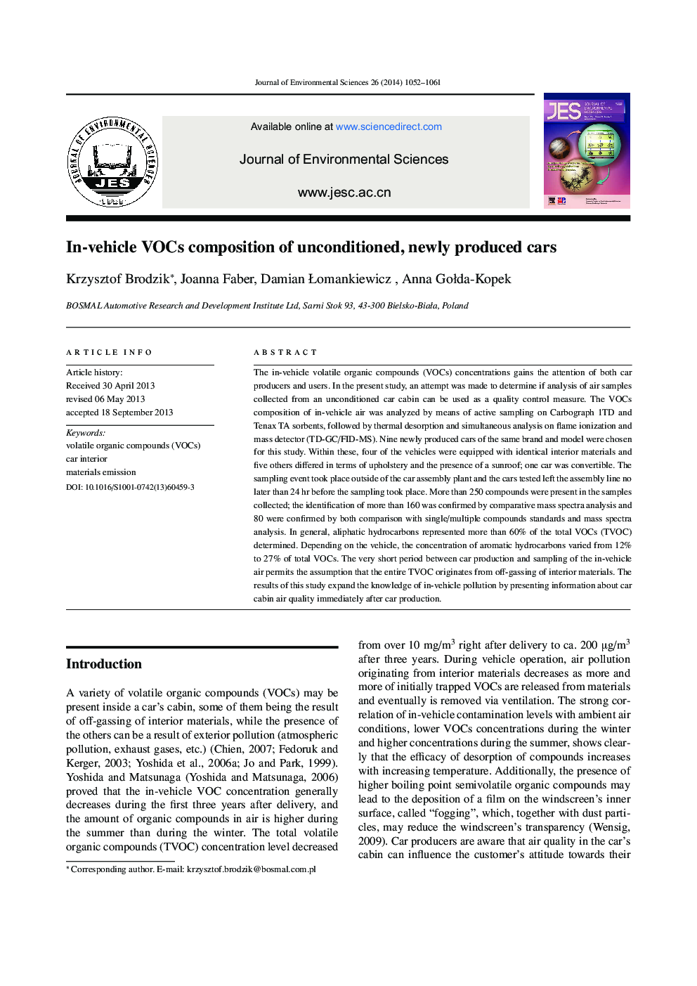 In-vehicle VOCs composition of unconditioned, newly produced cars