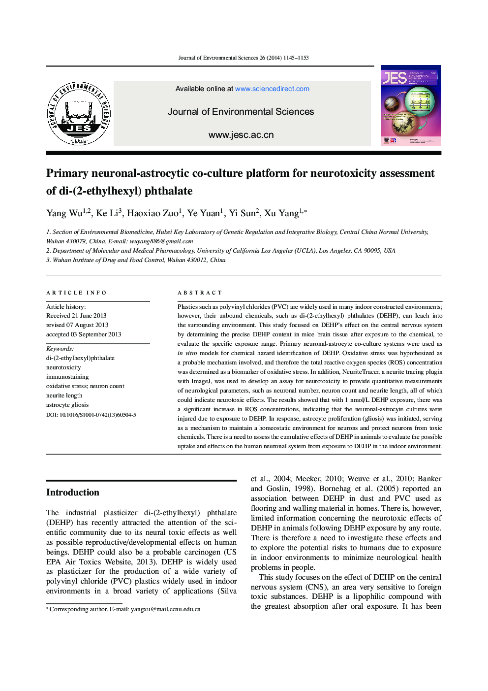 Primary neuronal-astrocytic co-culture platform for neurotoxicity assessment of di-(2-ethylhexyl) phthalate