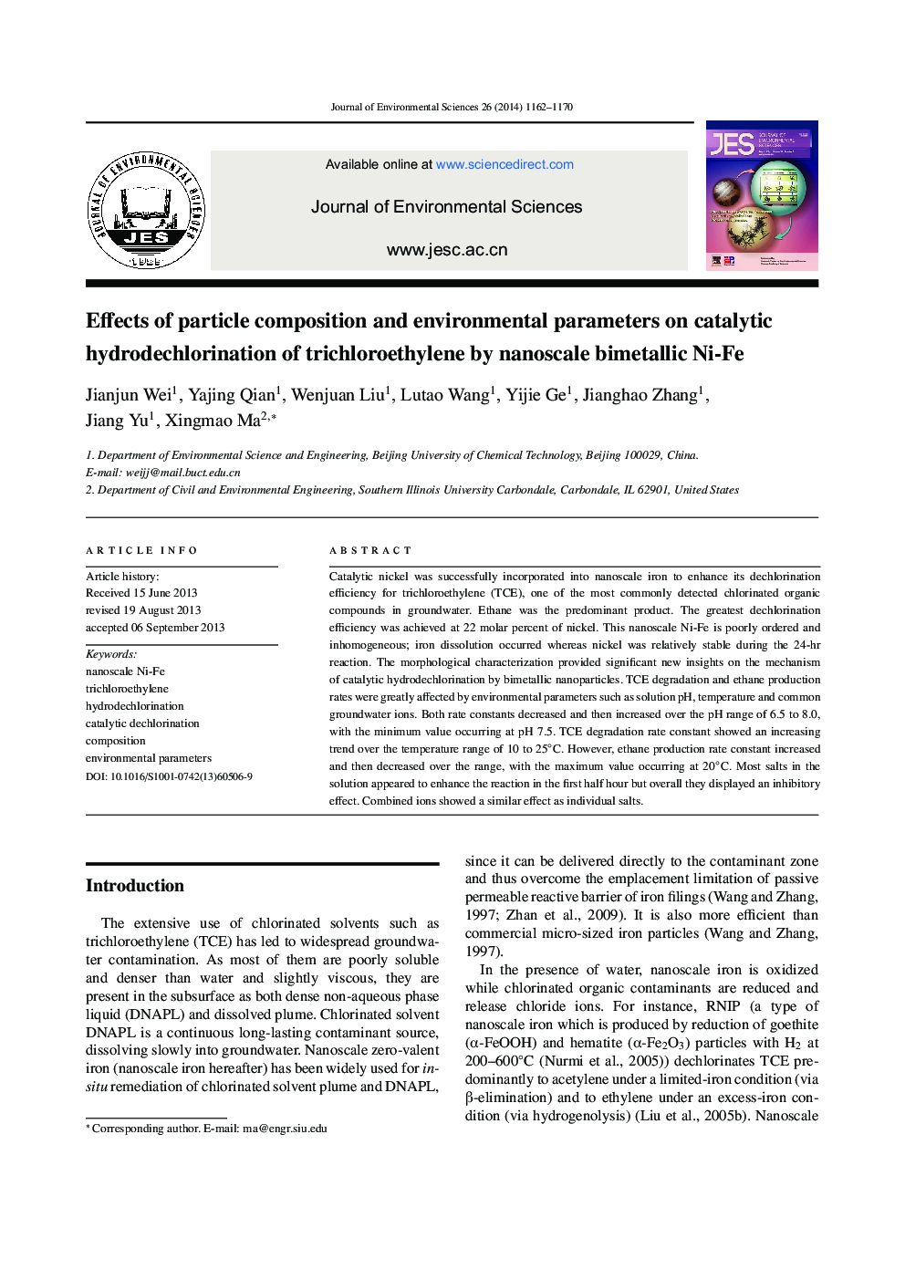 Effects of particle composition and environmental parameters on catalytic hydrodechlorination of trichloroethylene by nanoscale bimetallic Ni-Fe