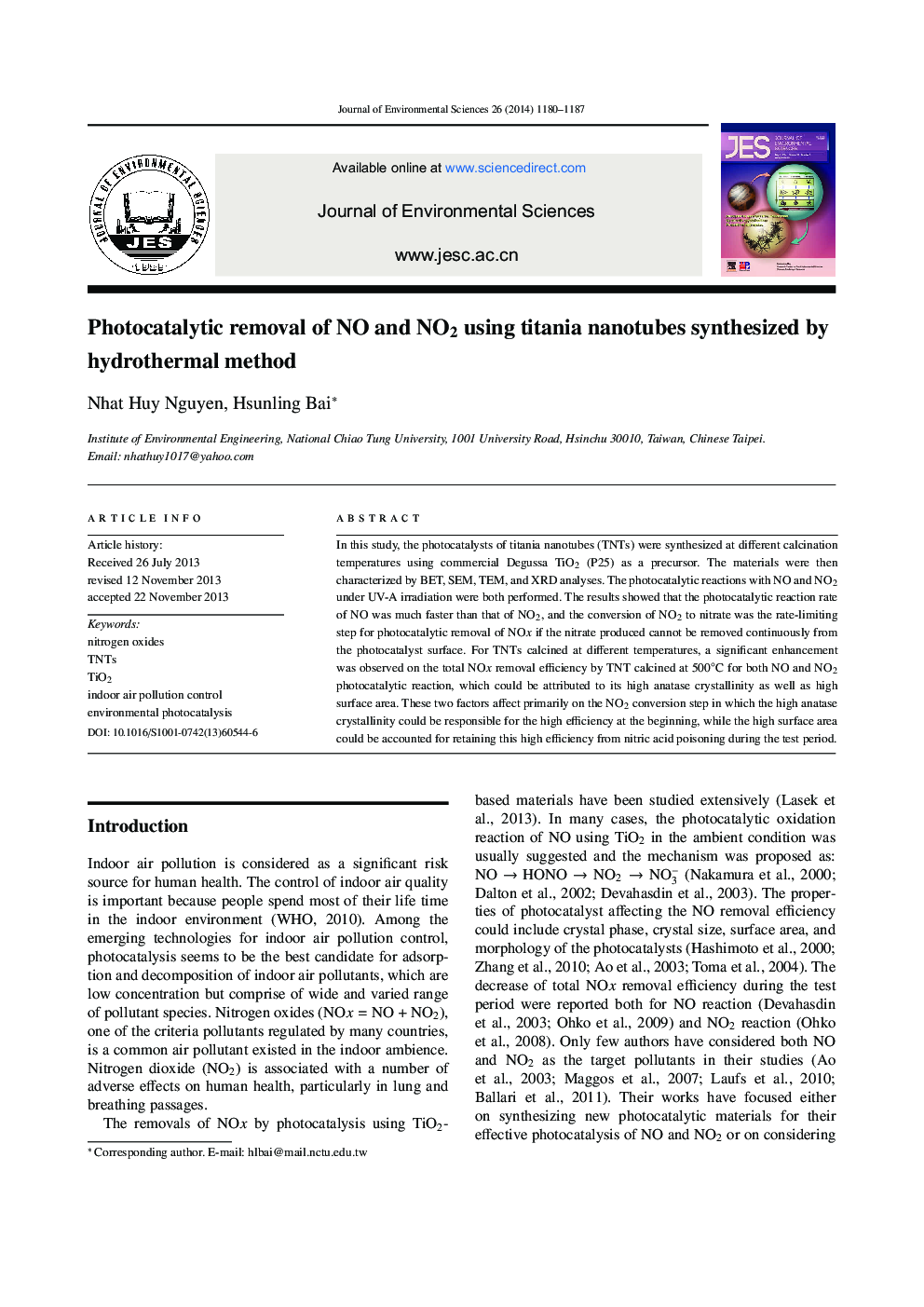 Photocatalytic removal of NO and NO2 using titania nanotubes synthesized by hydrothermal method