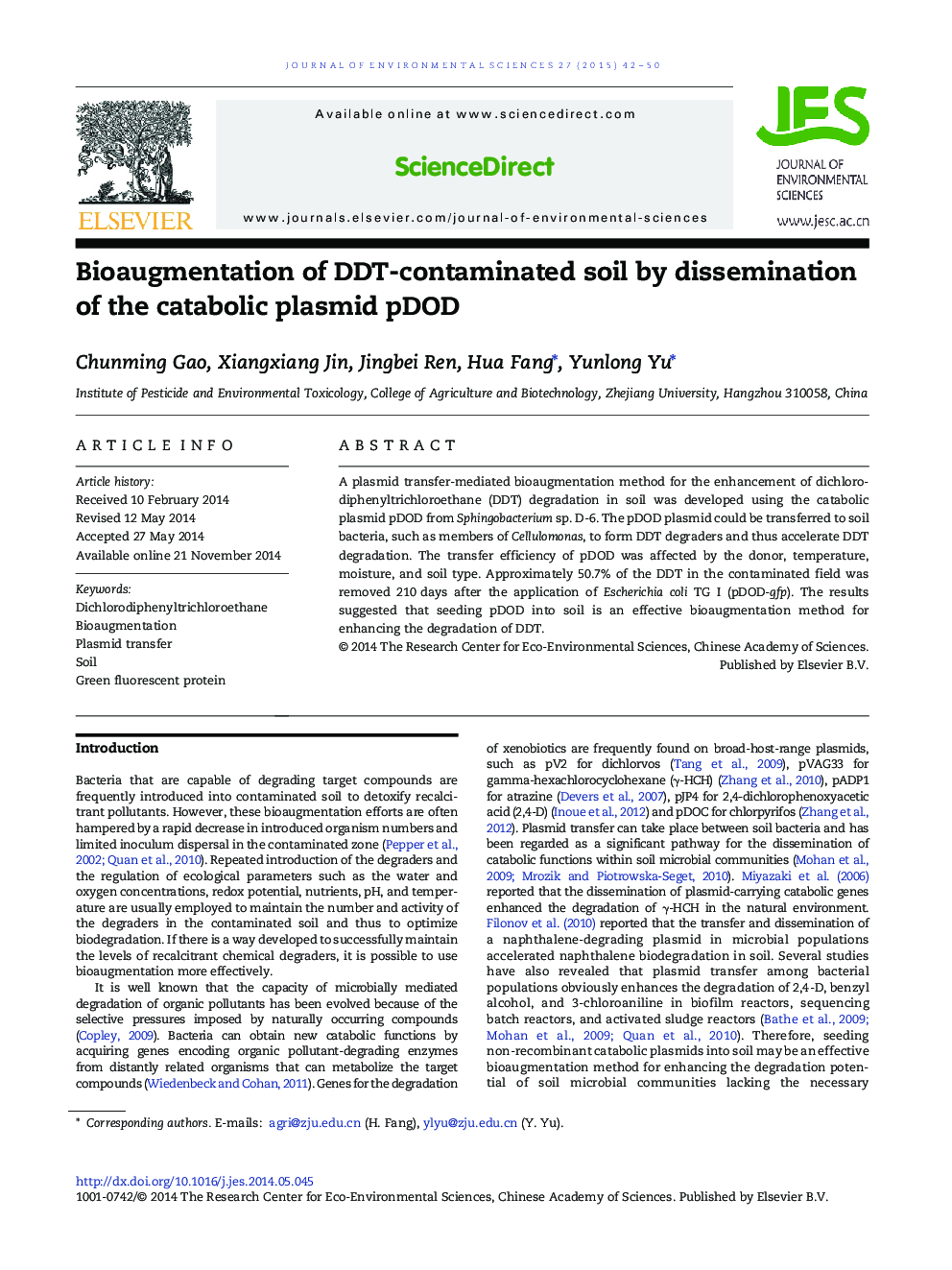 Bioaugmentation of DDT-contaminated soil by dissemination of the catabolic plasmid pDOD