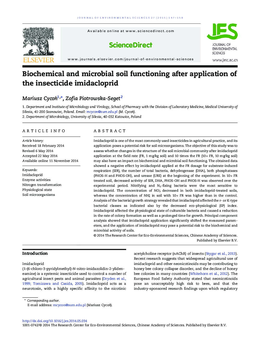 Biochemical and microbial soil functioning after application of the insecticide imidacloprid