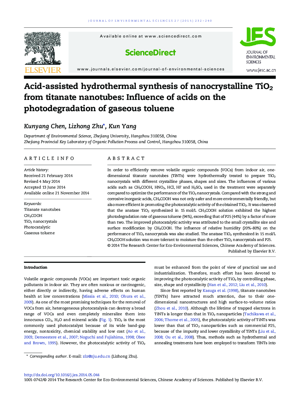 Acid-assisted hydrothermal synthesis of nanocrystalline TiO2 from titanate nanotubes: Influence of acids on the photodegradation of gaseous toluene