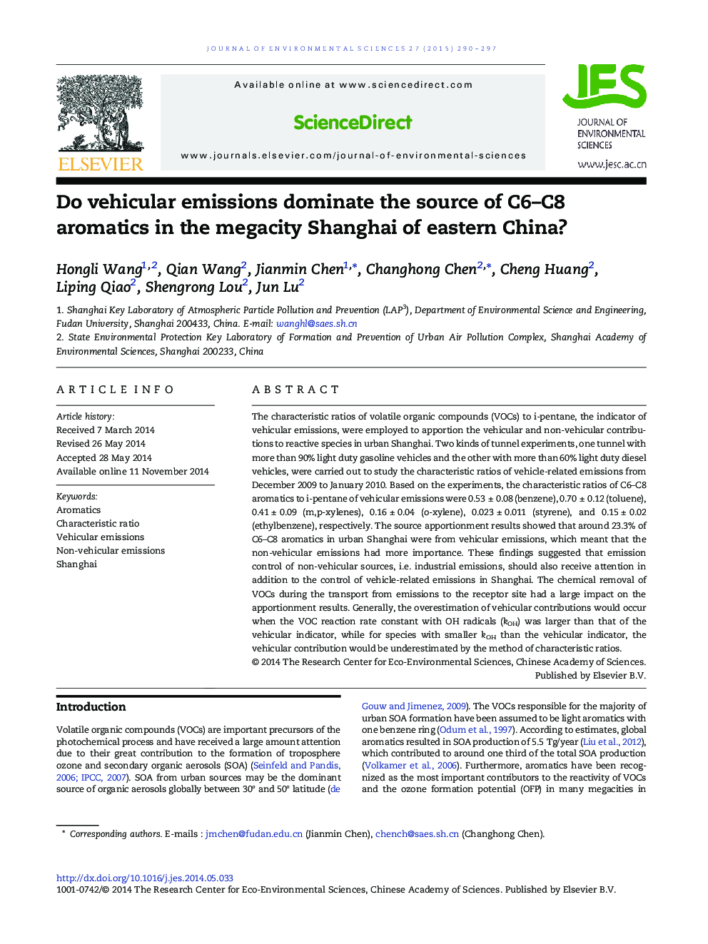 Do vehicular emissions dominate the source of C6–C8 aromatics in the megacity Shanghai of eastern China?