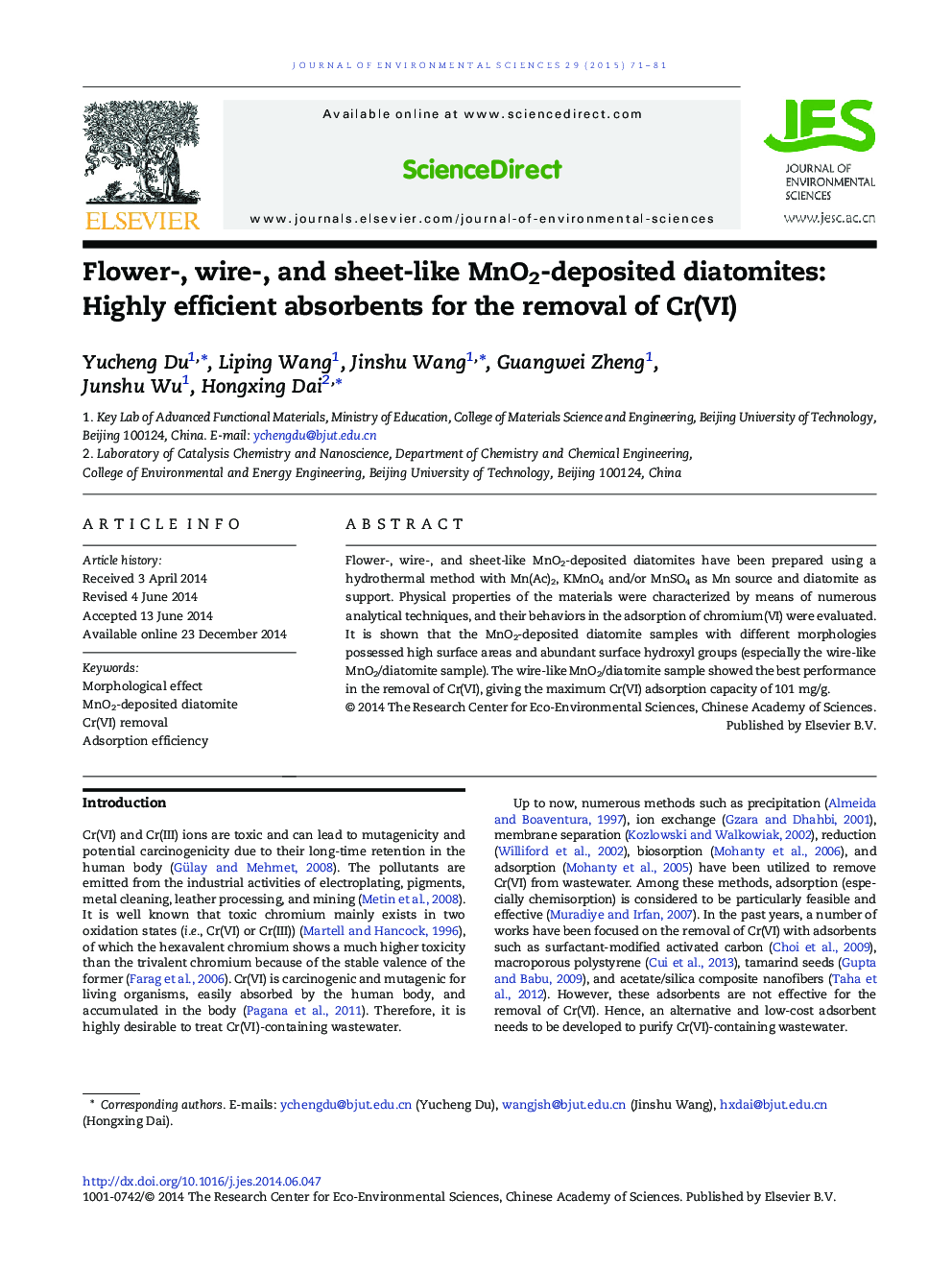 Flower-, wire-, and sheet-like MnO2-deposited diatomites: Highly efficient absorbents for the removal of Cr(VI)