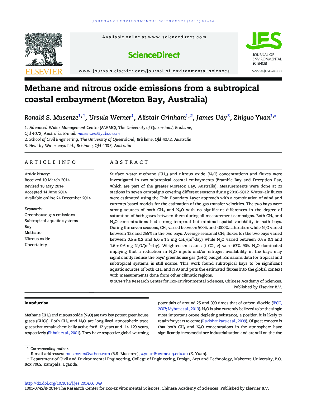 Methane and nitrous oxide emissions from a subtropical coastal embayment (Moreton Bay, Australia)