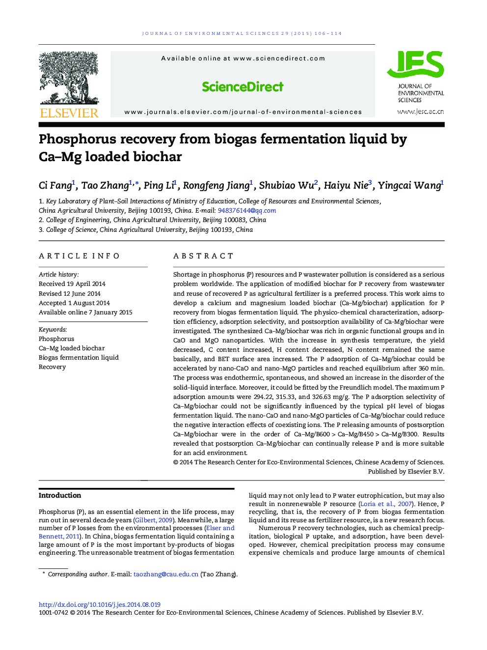 Phosphorus recovery from biogas fermentation liquid by Ca–Mg loaded biochar