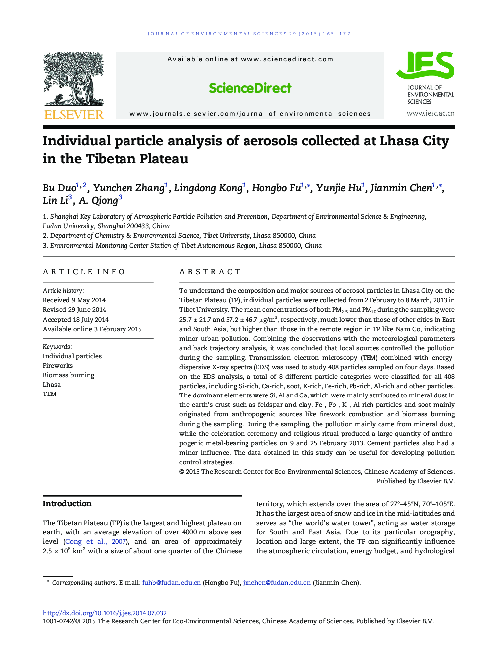 Individual particle analysis of aerosols collected at Lhasa City in the Tibetan Plateau