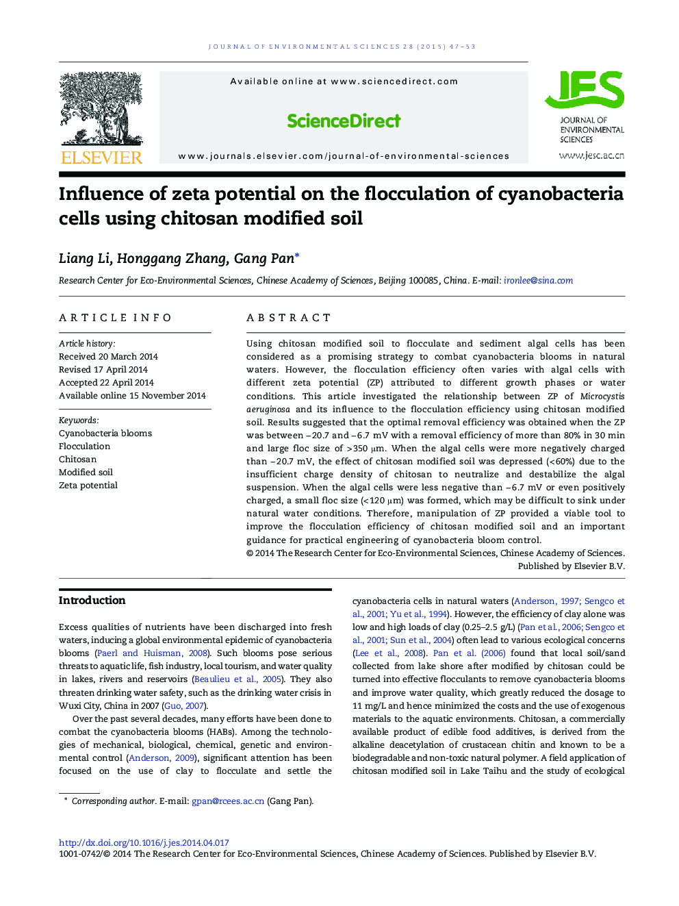 Influence of zeta potential on the flocculation of cyanobacteria cells using chitosan modified soil