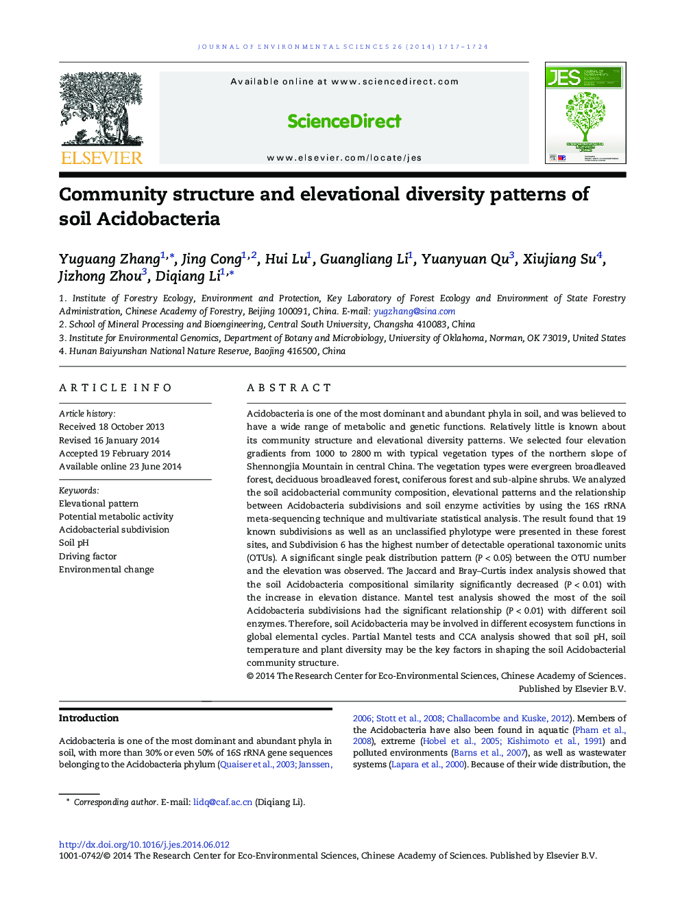 Community structure and elevational diversity patterns of soil Acidobacteria