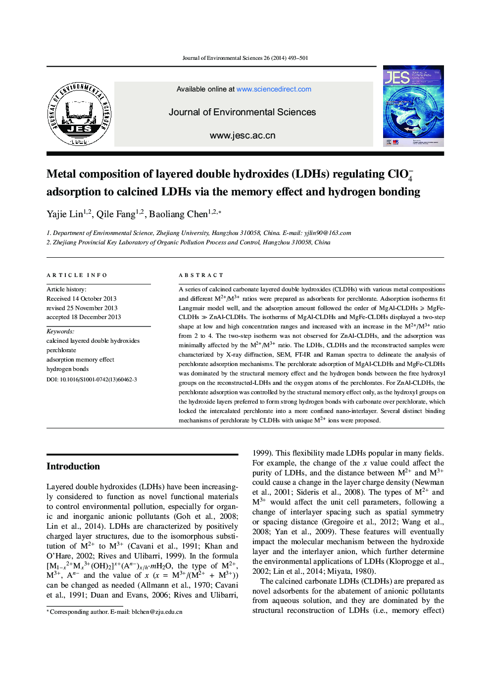 Metal composition of layered double hydroxides (LDHs) regulating ClO−4 adsorption to calcined LDHs via the memory effect and hydrogen bonding