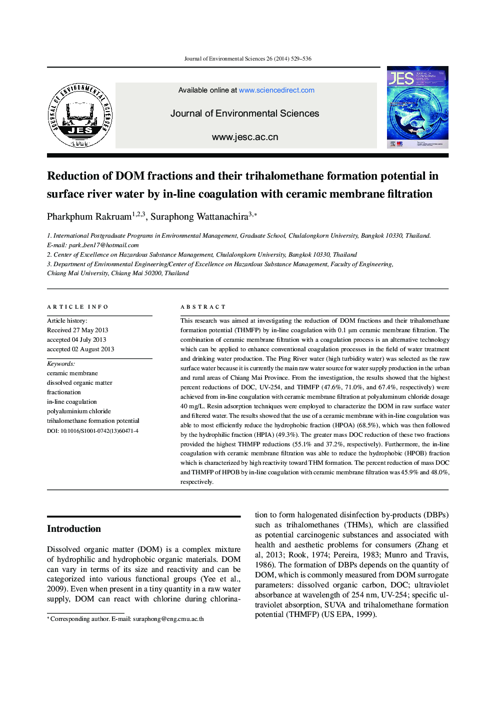 Reduction of DOM fractions and their trihalomethane formation potential in surface river water by in-line coagulation with ceramic membrane filtration