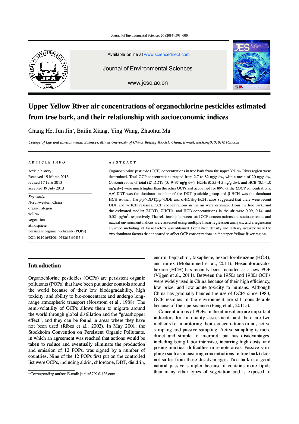 Upper Yellow River air concentrations of organochlorine pesticides estimated from tree bark, and their relationship with socioeconomic indices