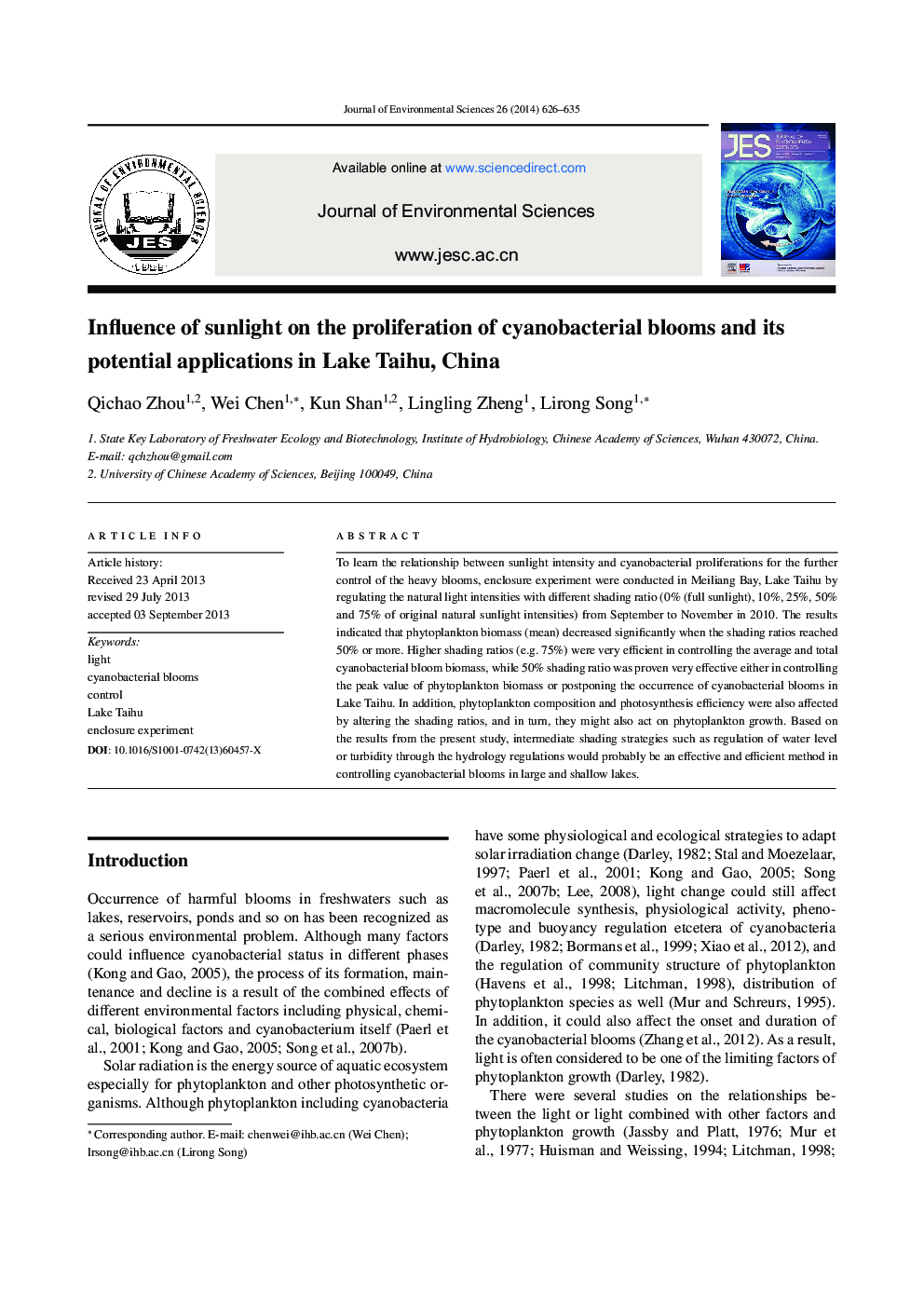 Influence of sunlight on the proliferation of cyanobacterial blooms and its potential applications in Lake Taihu, China
