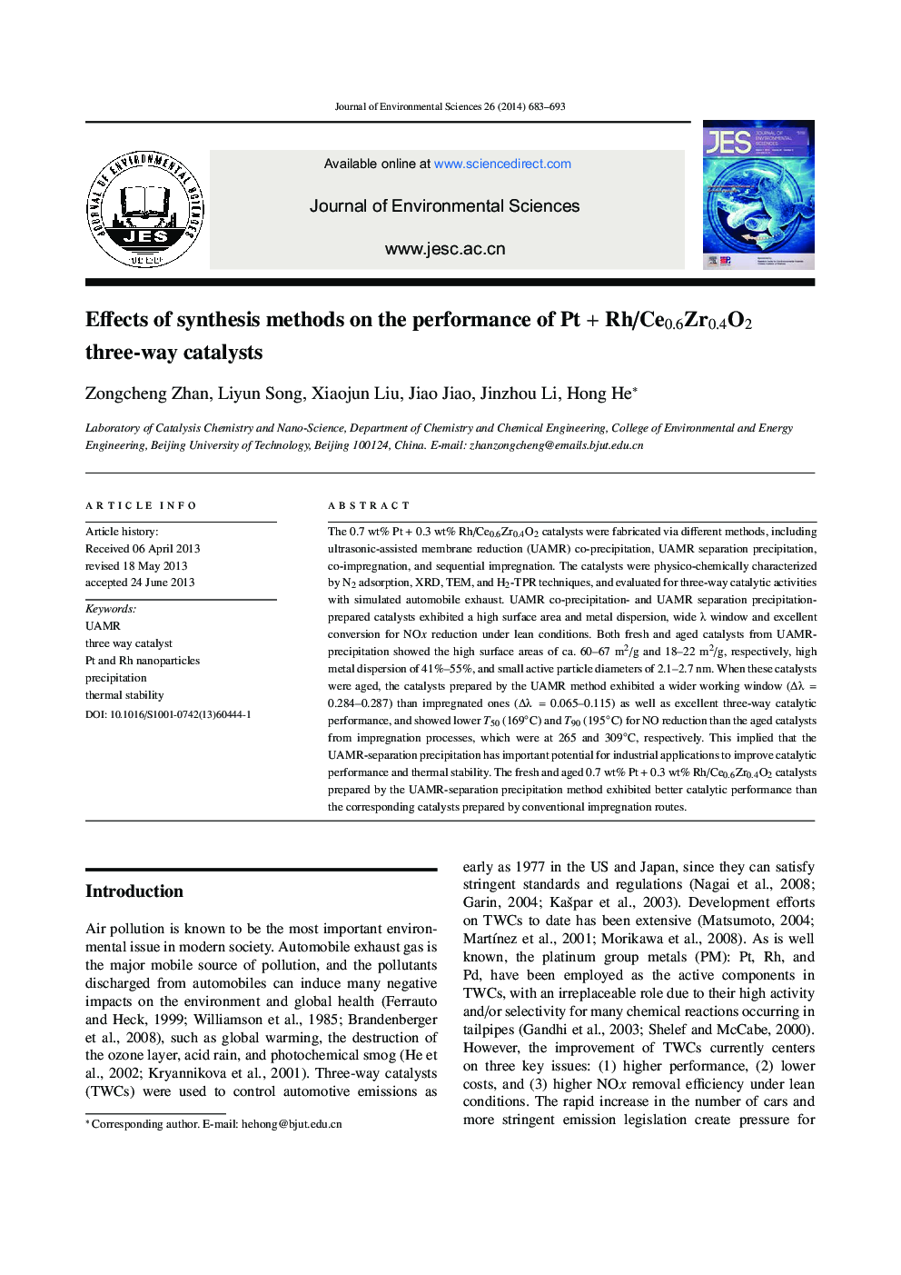 Effects of synthesis methods on the performance of Pt + Rh/Ce0.6Zr0.4O2 three-way catalysts