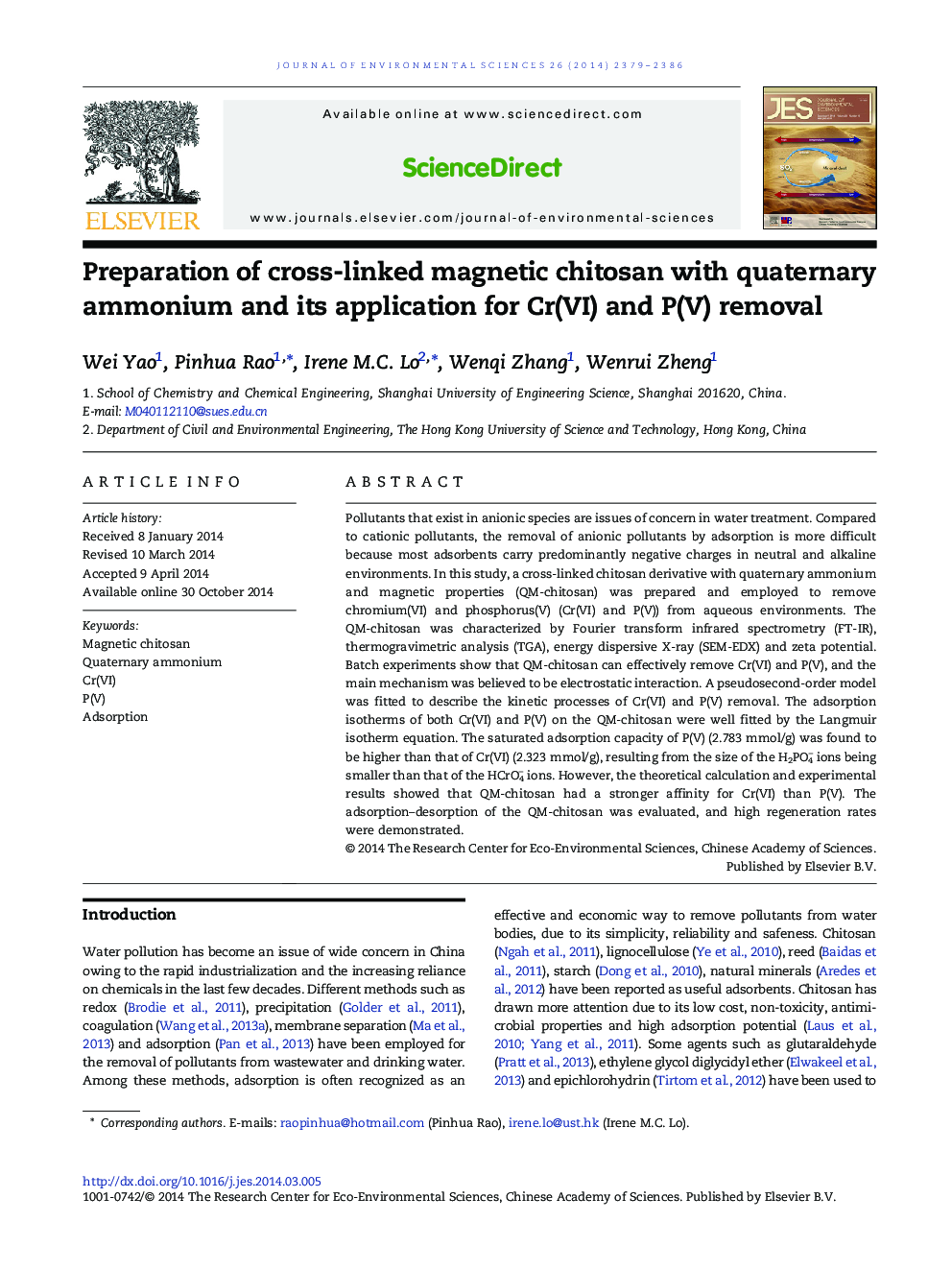 Preparation of cross-linked magnetic chitosan with quaternary ammonium and its application for Cr(VI) and P(V) removal