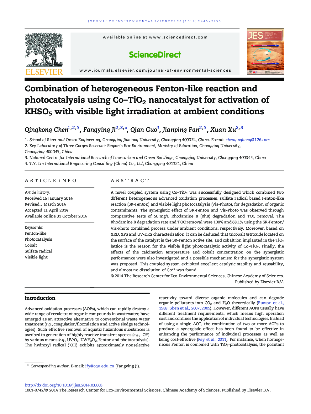 Combination of heterogeneous Fenton-like reaction and photocatalysis using Co–TiO2 nanocatalyst for activation of KHSO5 with visible light irradiation at ambient conditions