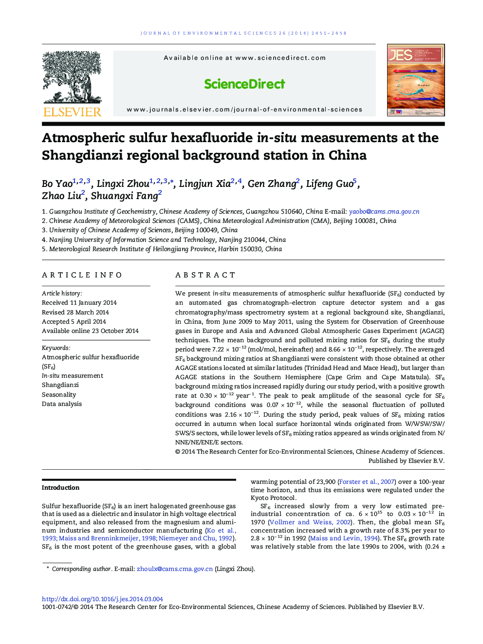 Atmospheric sulfur hexafluoride in-situ measurements at the Shangdianzi regional background station in China