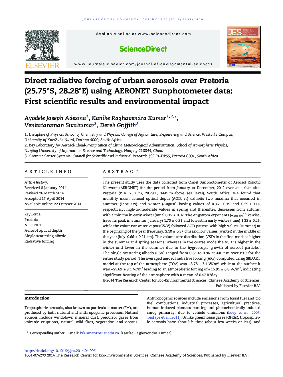 Direct radiative forcing of urban aerosols over Pretoria (25.75°S, 28.28°E) using AERONET Sunphotometer data: First scientific results and environmental impact