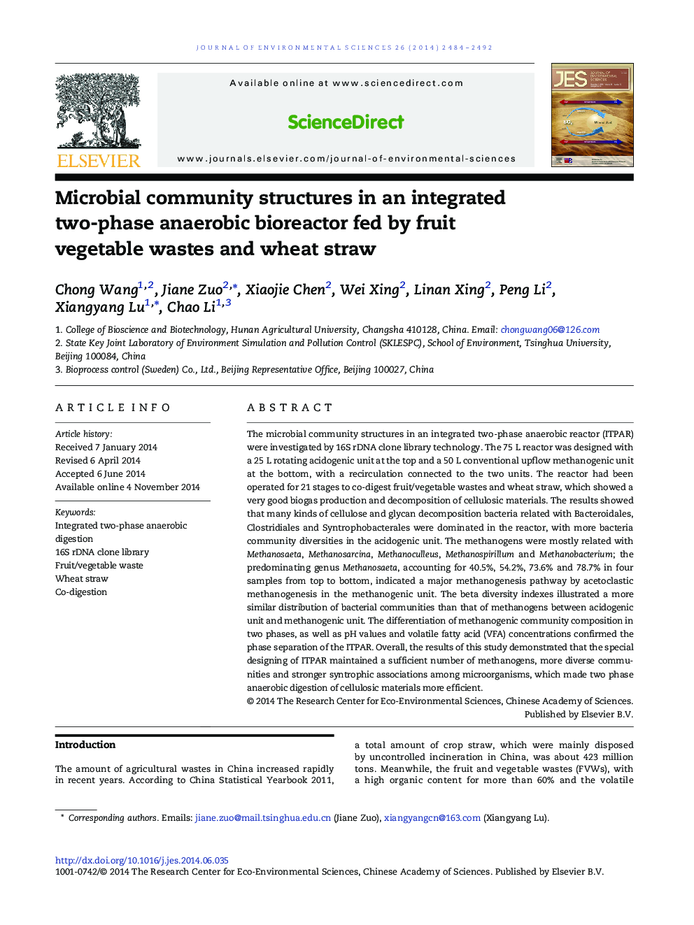 Microbial community structures in an integrated two-phase anaerobic bioreactor fed by fruit vegetable wastes and wheat straw