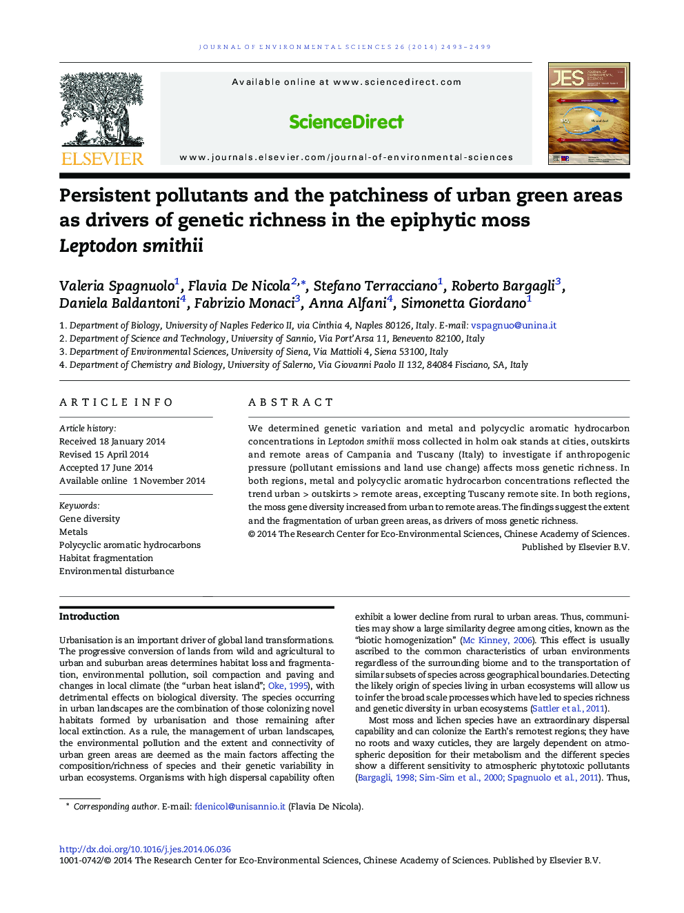 Persistent pollutants and the patchiness of urban green areas as drivers of genetic richness in the epiphytic moss Leptodon smithii